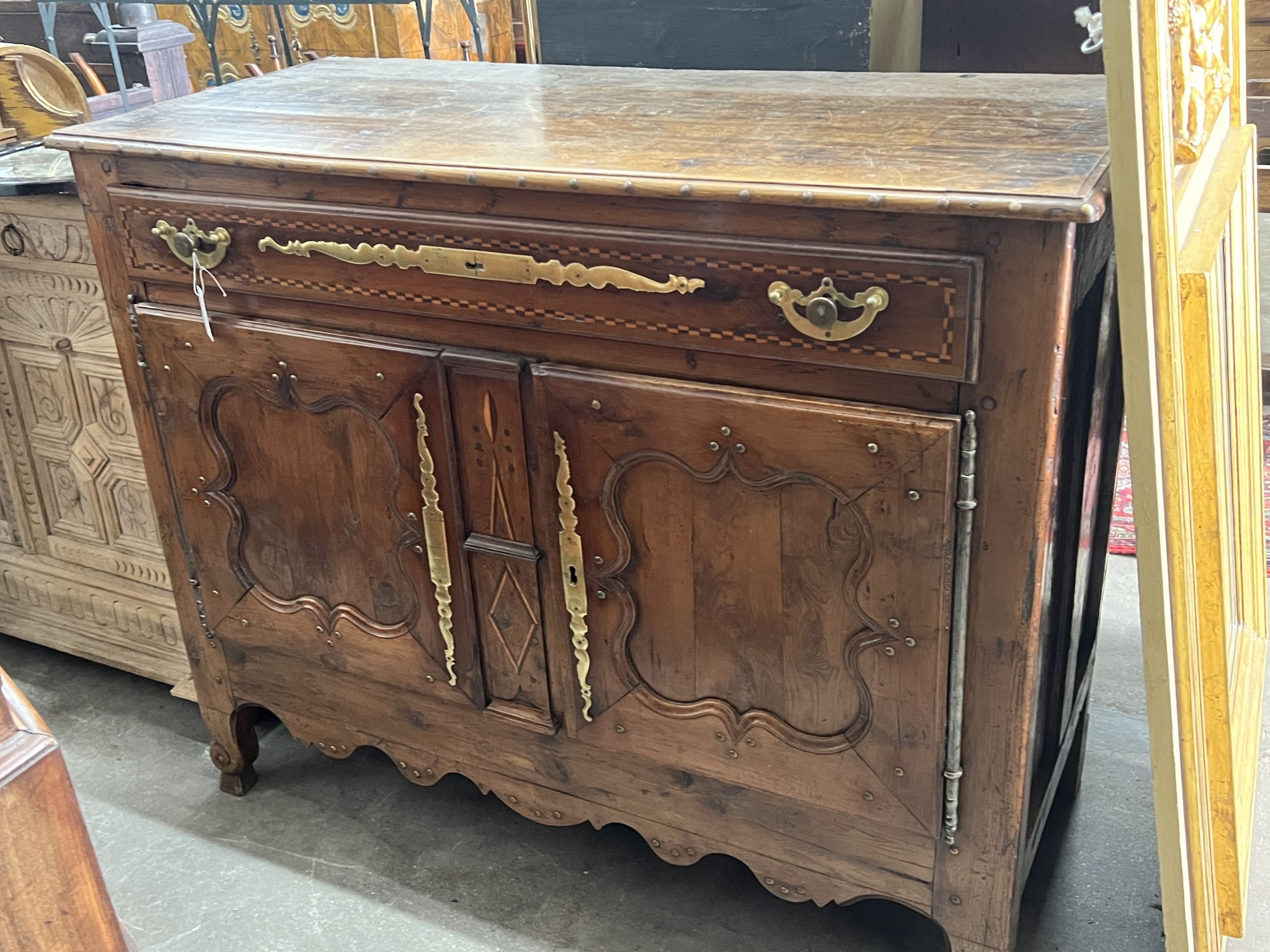 A 19th century French brass mounted inlaid oak and walnut buffet, length 136cm, depth 63cm, height 112cm